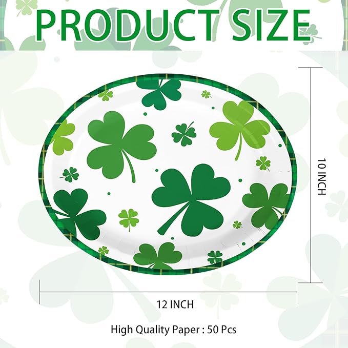 50Pcs St. Patrick’s Day Oval Paper Plates 10" x 12" Large Heavy Duty Disposable Spring Green Irish Shamrock Dessert Platters Lucky Clover Plates for Summer Holiday Festival Party Supplies Decoration
