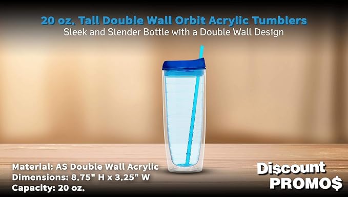 DISCOUNT PROMOS Tall Orbit Acrylic Tumblers 20 oz. Set of 10, Bulk Pack - Perfect for Iced Coffee, Soda, Other Hot & Cold Beverages - Blue