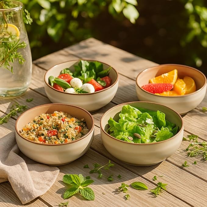 Stoneware Ceramic Cereal Bowls Set of 4, 21 oz | Lead-Free, Cadmium-Free | Microwave and Dishwasher Safe | For Soup, Salad, Rice, Dessert, Ice Cream | Nordic Design | Terracotta/Sage Ash