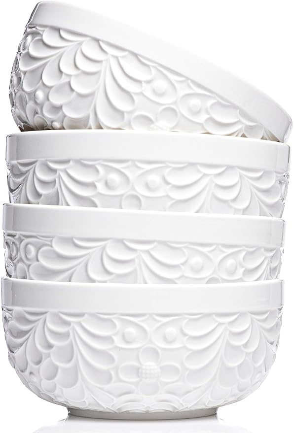 25DOL 22 oz Ceramic Bowls Set of 4 – Embossed Nature-Inspired Design, Versatile by 25DOL
