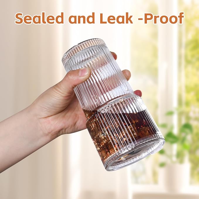 20oz Ribbed Glass Cups with Lids and Straws, Iced Coffee Cups Drinking Glasses - Image 5