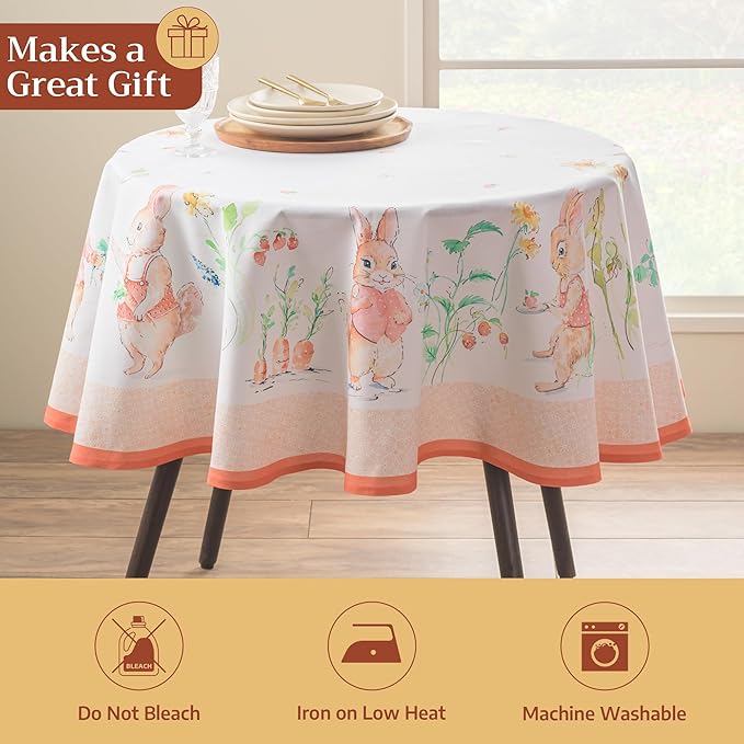 Maison d' Hermine Table Cloth Round Table 100% Cotton 63 Round Inches Tablecloth Reusable Decorative for Dining Room Farmhouse Home Valentines Day Decorations Spring Summer - Bunny Party