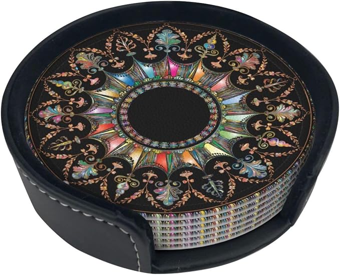 Drink Coasters with Holder Stand Set of 6, Mandala Flourish Floral Pu Leather - Image 6