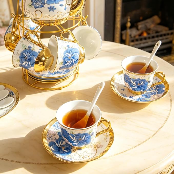 CHANJOON Gold Plated Red Rose Ceramic Tea Set, Vintage Tea Sets - Image 5