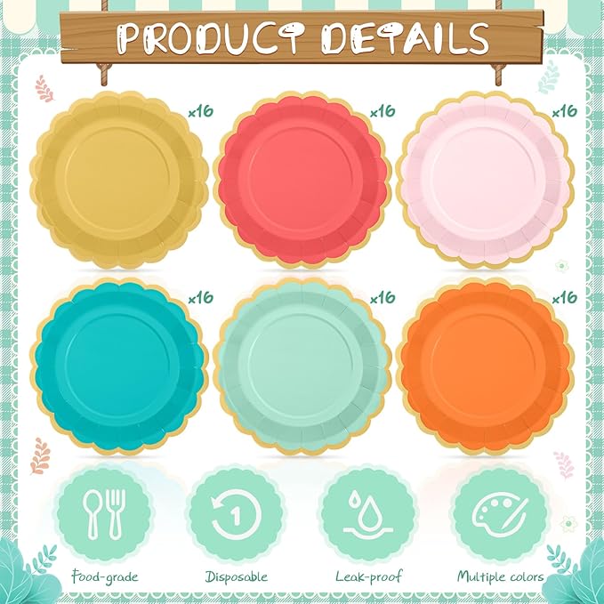 96 Pcs Colorful Coral Paper Plates 9 Inch Pastel Rainbow Scalloped Paper Plates Disposable Dinner Dessert for Birthday Wedding Bridal Party Supplies, 6 Colors