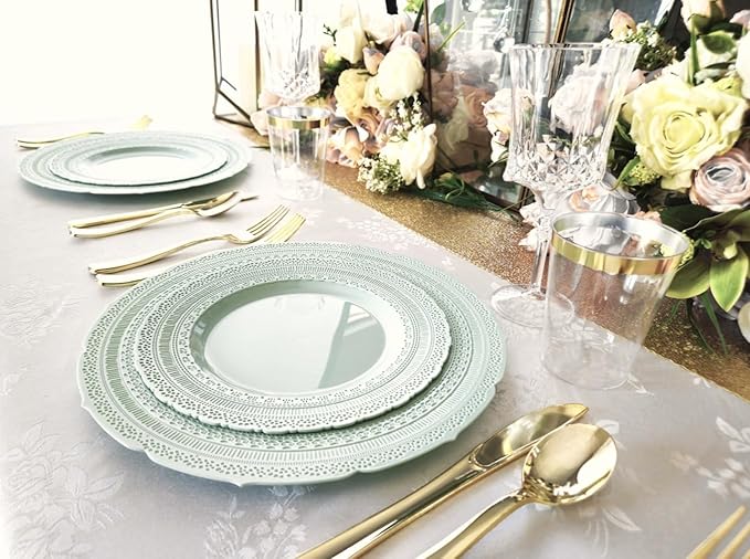 " OCCASIONS " 960pcs set (120 Guests) Extra Heavyweight Vintage Wedding Disposable/Reusable Plastic Plates -120x11'' +120x8.25''+Silverware+Cups+Napkins (Chateau in Mint)