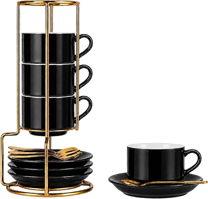 3 Ounce Espresso Cups Set of 4, Includes Display Stand, Coffee Cups Saucers by Renewrevital