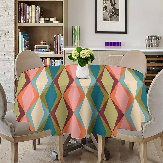 Abstract Geometric Boho Round Tablecloth, Retro Modern Mid Century Tablecloth for Home Party Dining Room Kitchen Decor 70Inch(178cm)
