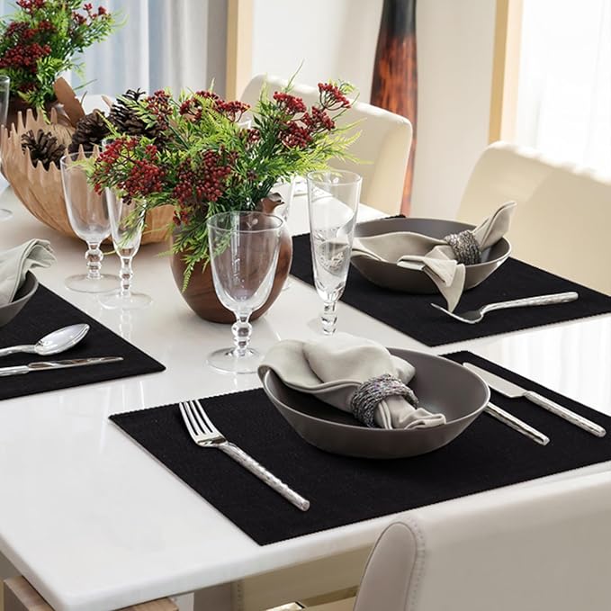 homing Cotton Linen Placemats Set of 6, Cloth Washable Farmhouse Dining Table Mats for Indoors & Outdoors, Easy to Clean, Black, 13 x 19 Inch