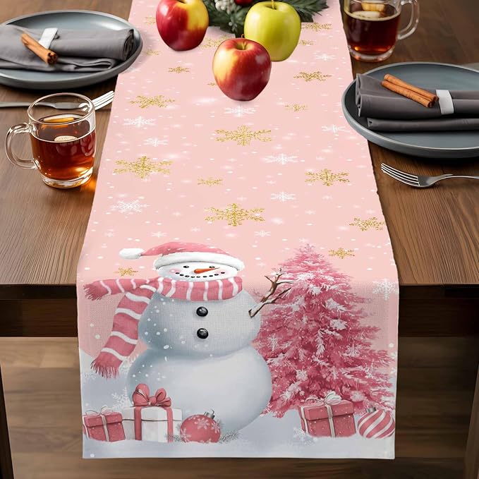 Pink Christmas Snowman Short Table Runners 48 Inches, Cotton Linen Fabric - Image 7