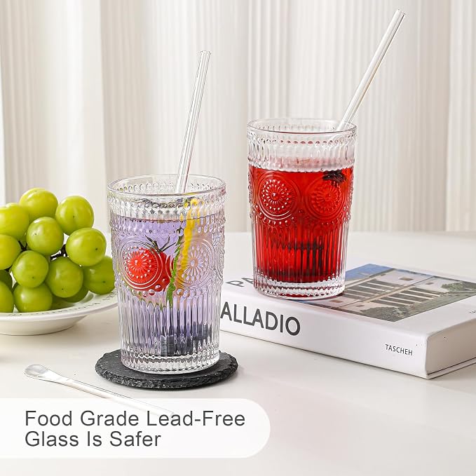 ZMOWIPDL Drinking Glasses Set of 6, 13oz Flower Design Clear Glass Cups | - Image 4