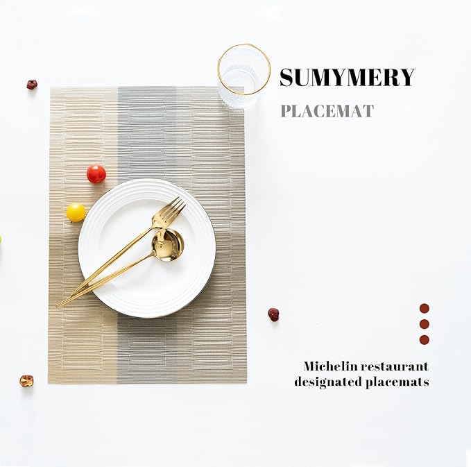 Placemats Set of 4 Vinyl/Plastic Woven Place Mats for Kitchen Table Indoor/Outdoor Washable Placemat Wipeable Dining Table Mats (Ombre Glod,4)