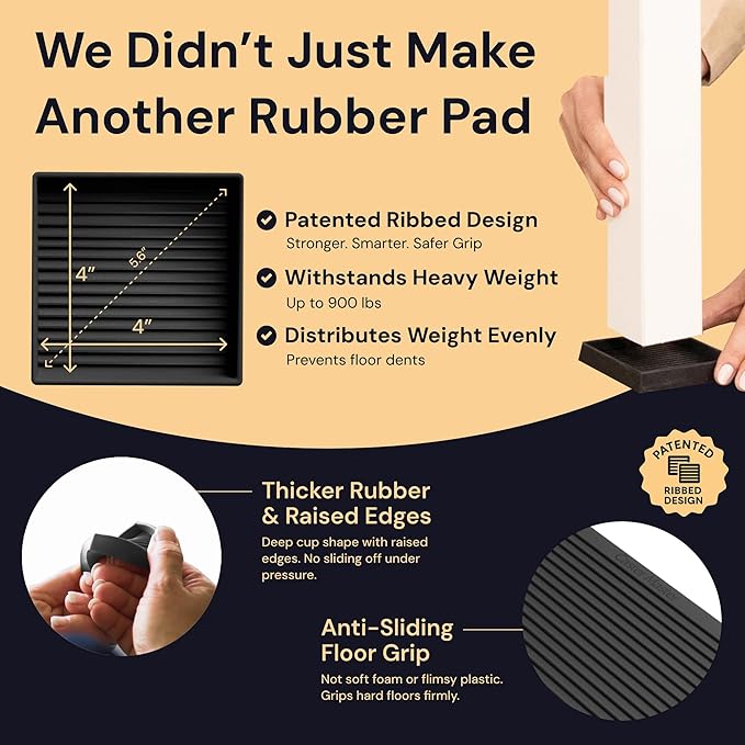 CasterMaster Square Rubber Caster Cups 4 Inch - Non Slip Furniture Pads for Hardwood Floors - Heavy Duty Bed Stoppers, Sofa Leg Protectors & Chair Feet Covers, Black 4 Pack
