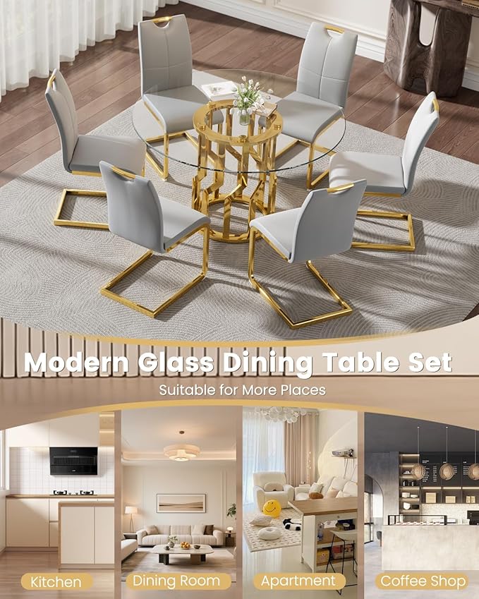 47.2" Round Glass Dining Table Set for 6, Modern 7 Piece Kitchen Table Set with Gold Stainless Steel Base & 6 PU Leather Accent Chairs, Saving Space, Dining Set for Apartment, Home - Grey Chair