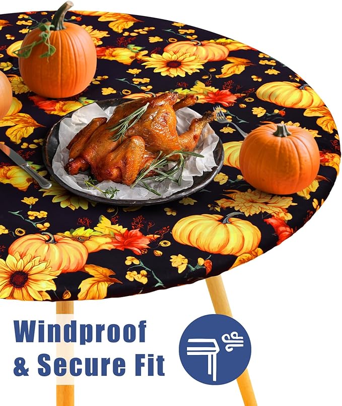 Round Spandex Thanksgiving Tablecloth, Elastic Fitted Waterproof Tablecloths for 57"-68" Tables, Stretch Washable Picnic Table Cover for Autumn Harvest Parties, Pumpkin Sunflower