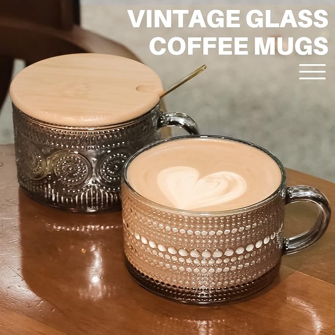 Vintage Glass Coffee Mugs, 14 Oz Set of 2 Embossed Glassware Tea Cups - Image 2