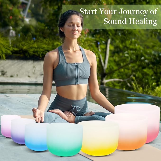 432HZ 6-12 Inch 7 Pcs Gradient Frosted Crystal Singing Bowl Set for Meditation Healing Yoga Chakra Quartz Crystal Sound Bowls with Heavy Duty Carry Cases and Rubber Mallet,Suede Striker,O-rings