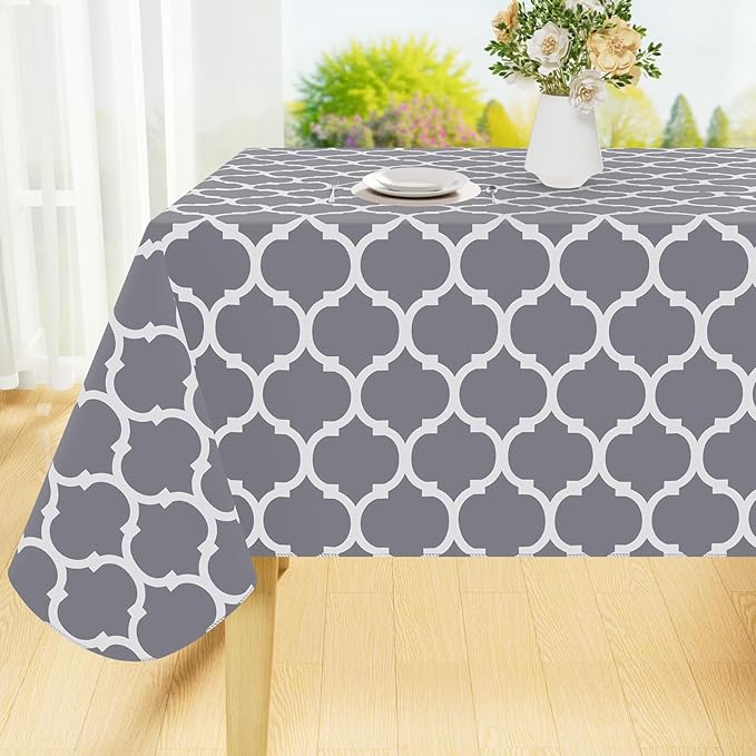 Smiry Rectangle Table Cloth, Waterproof Vinyl Tablecloths with Flannel Backing for Rectangle Tables, Wipeable Spillproof Plastic Tablecloth for Dining, Camping, Indoor and Outdoor (60"x144", Grey)