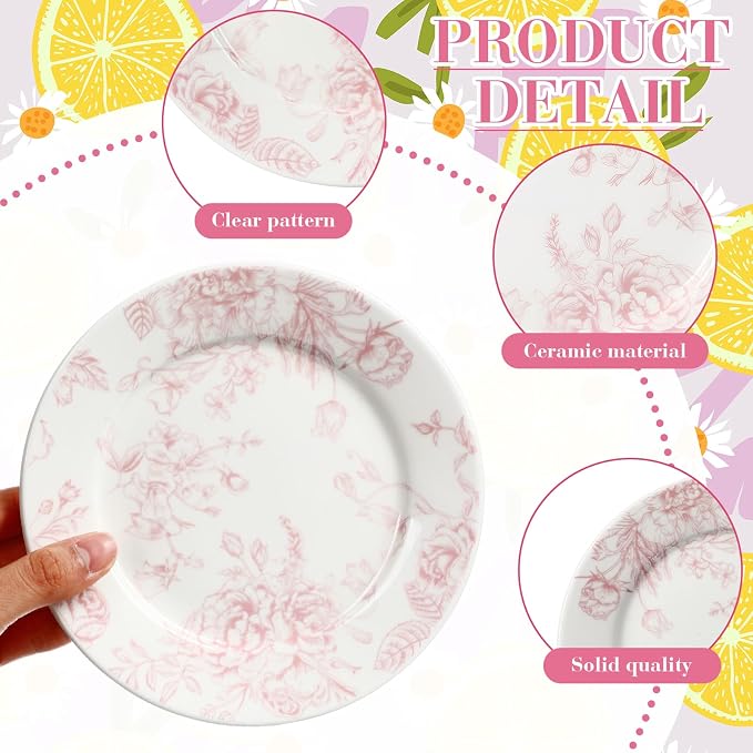 Honeydak 6 Pcs 6 Inch Pink Floral Flower Ceramic Plates Pink and White - Image 5