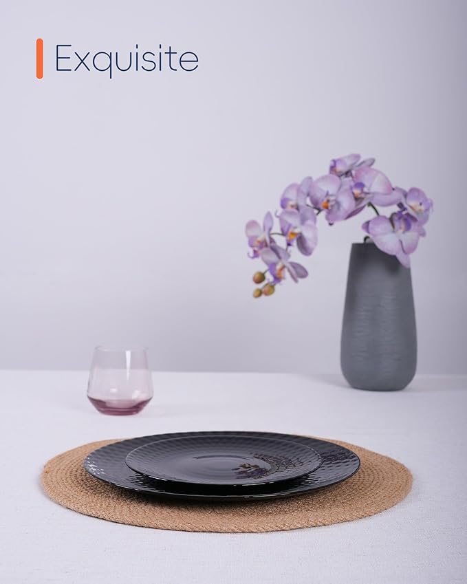 10.5 inch Dinner Plate Set of 6, Round Opal Glass Black Geometric Faceted Dinnerware Plates, Dishwasher and Microwave Safe