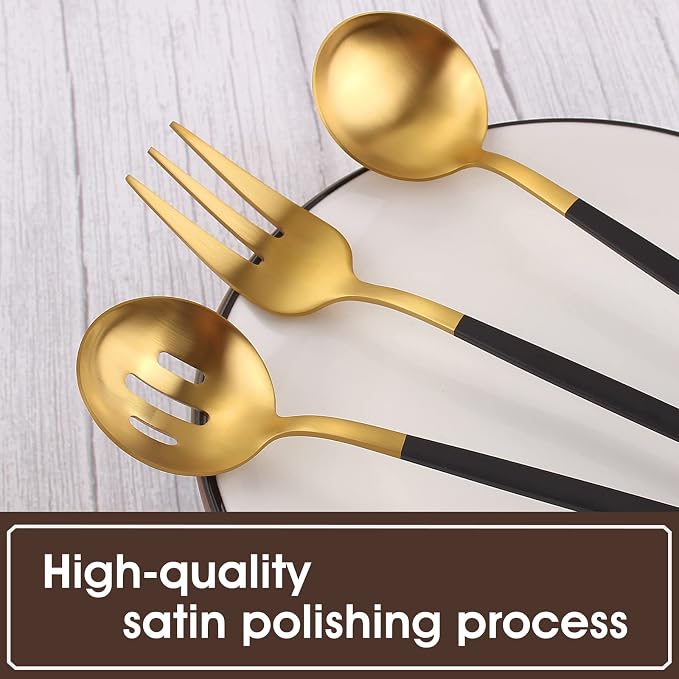 VANVRO Matte Black Gold Serving Silverware Set, 5-Piece Round Shared Utensils - Image 4