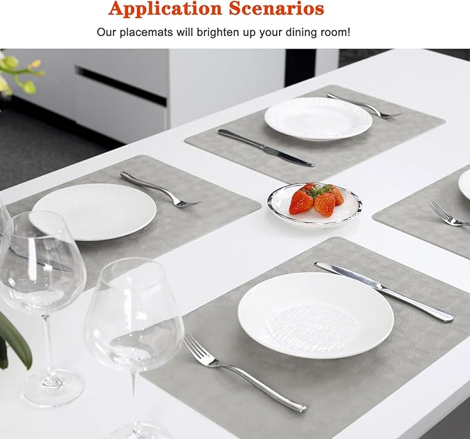 Vinyl Placemats Set of 12 Heat Resistant Easy Clean Non-Slip Place Mats for Dining Table Faux Leather Waterproof Stain Resistant Wipeable Washable PVC Table Mats(12, Light Gray)