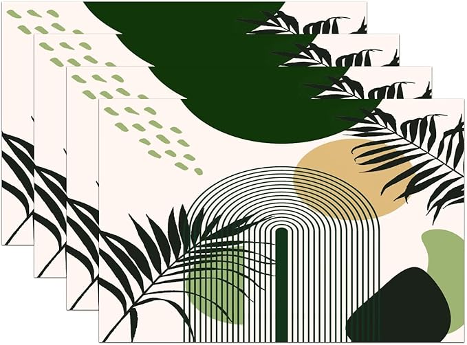 Boho Mid Century Sun Placemats Printed Modern Rainbow Leaves Green Design Washable Place Mats 12x18Inch for Dining Kitchen Farmhouse Decor 4 PCS