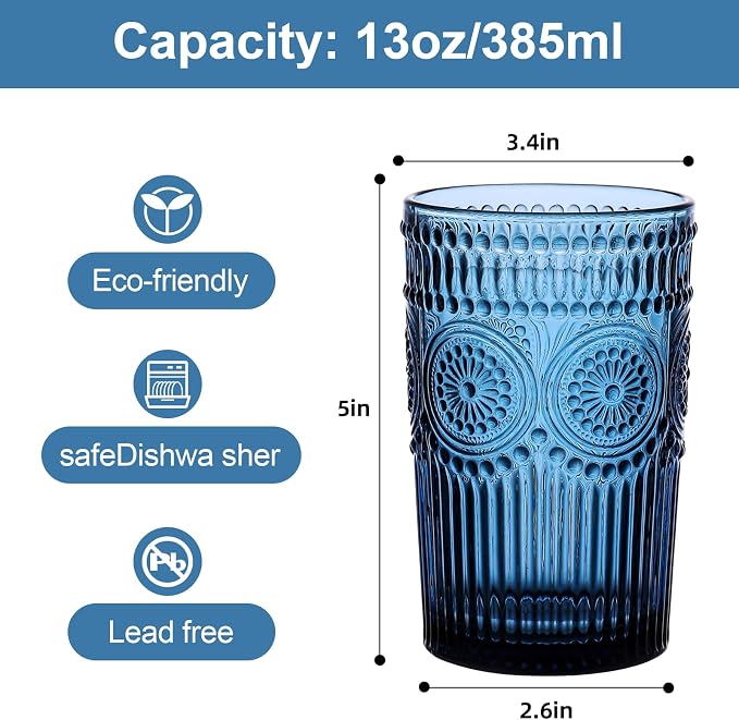 ZMOWIPDL Drinking Glasses Set of 6, 13oz Flower Design Blue Glass Cups | - Image 2