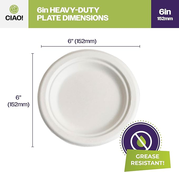 CIAO! 6" Heavy Duty Plate 100% Compostable Ecofriendly PFAS Free Unbleached Bagasse Natural White (Pack of 1,000)