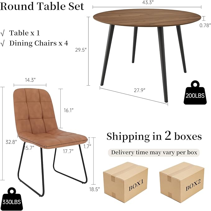 43.3 Inch Round Dining Table Set for 4, Modern Small Kitchen Coffee Set for Dining Room Kitchen Apartment (Walnut Table+4 U-Shaped Brown Chairs)