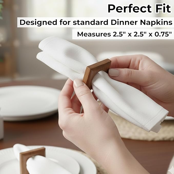 CLEENTABLE Wooden Napkin Rings Set of 12 Fall Decor for Home Square Acacia Wood Napkin Holders for Dining Table Settings Napkin Ring Rustic Table Décor for Weddings, Parties, Everyday Use (Brown)