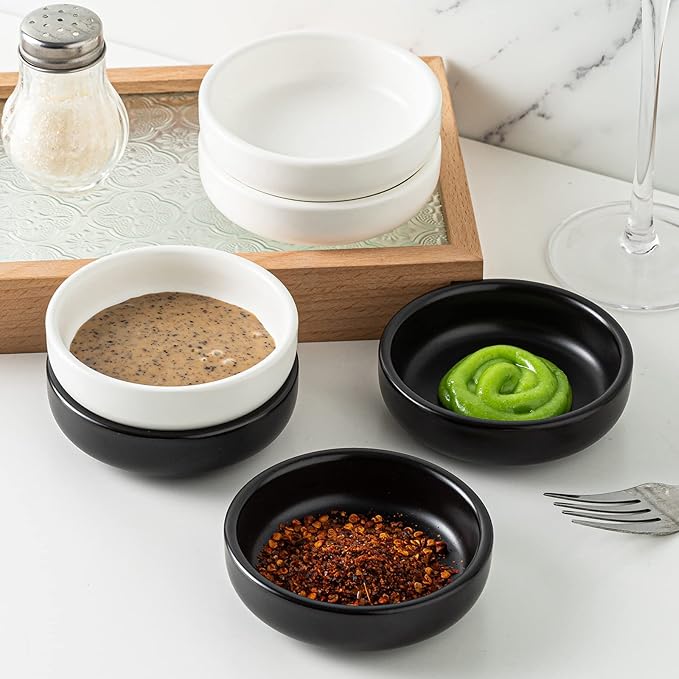 Dipping Bowls Set, Ceramic Sauce Dishes, 2 oz Soy Sauce Dish, Side Bowls, Small Bowls for BBQ, Condiments, Appetizer, Dessert, Sushi, Set of 6 (White)