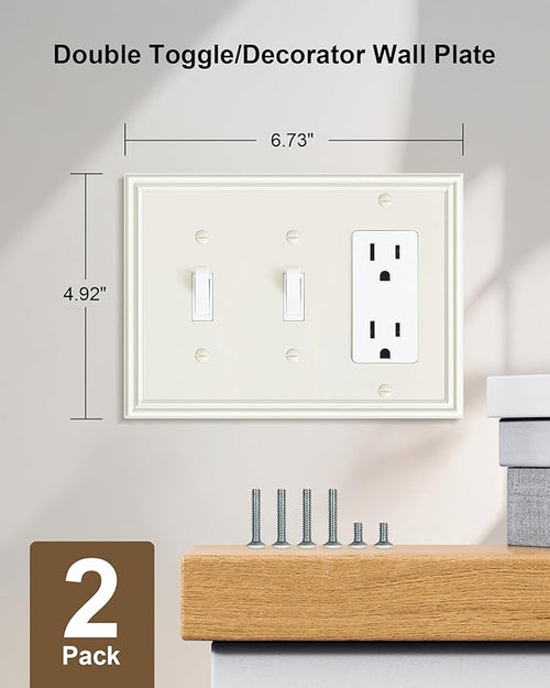 2-Pack Combo Double Toggle/Single Decorator Outlet Cover Plate, Zinc Alloy Decorative Light Almond 4 Gang Switch Plates for Electrical Outlets, Receptacle, GFCI Outlet, Dimmer Switch