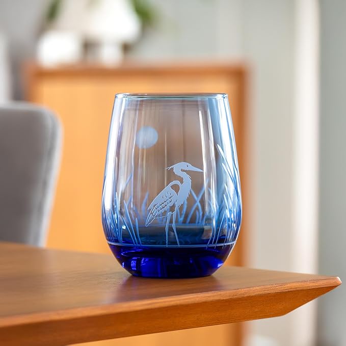 Rolf Glass Heron Blue Stemless Wine Glass | 15oz Stemless Tumbler | Engraved Lead-Free Coastal Glassware | Made in the USA | Blue Heron Engraved Design | Set of 4