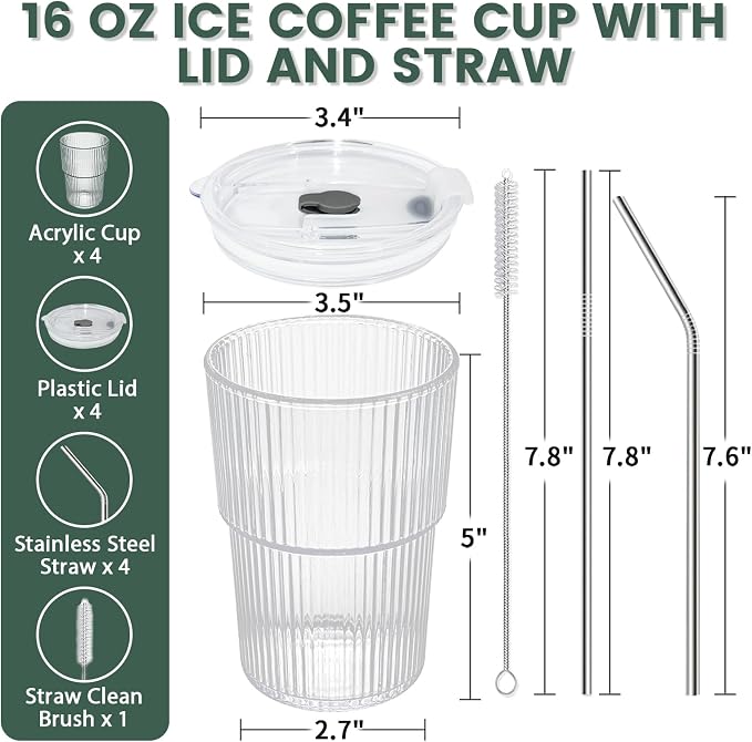 HIGIINC Iced Coffee Cups With Lids and Straws 4 Pcs, 16 OZ Unbreakable Glasses - Image 5