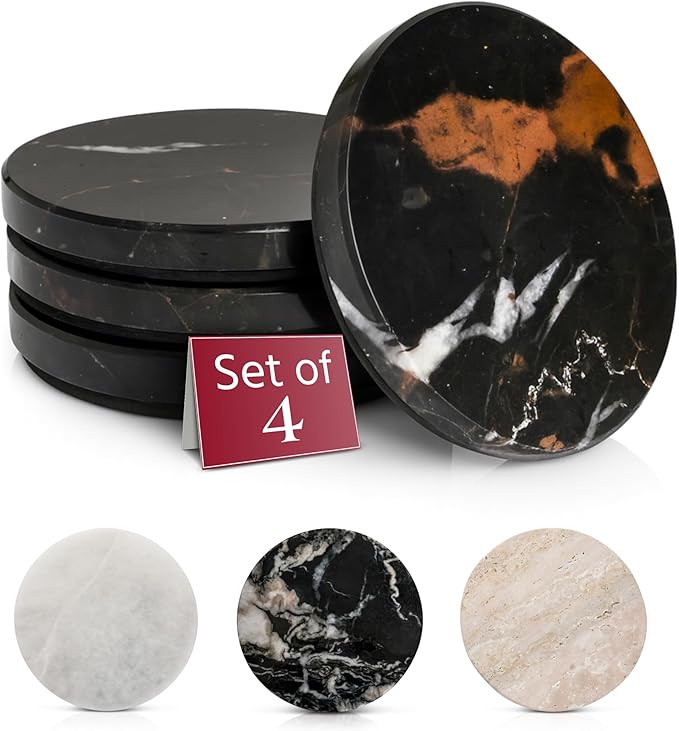 Gusto Nostro Black Marble Coasters Set of 4 - Luxury Natural Stone Coasters for Drinks - Genuine Marble Kitchen Accessories, Round Artisanal Stone Coaster for Kitchen Counter, Coffee Table, Home Decor