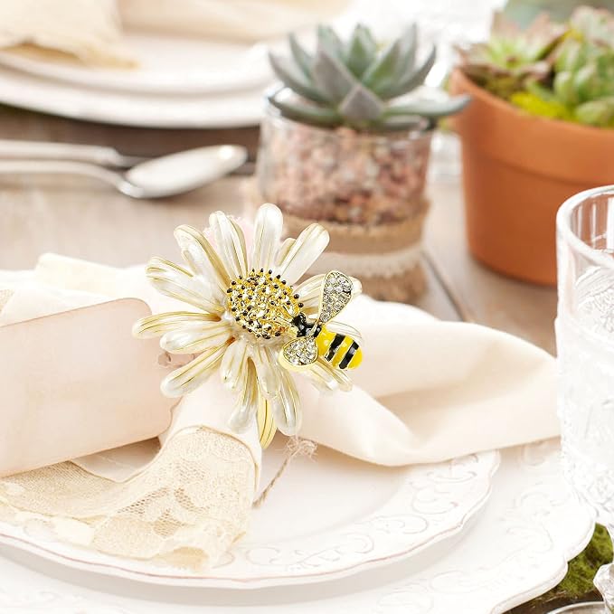 Kesote Daisy Flower Napkin Rings Set of 6, Bee Floral Style | Bee Party - Image 2