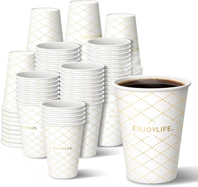MOUMOULIFE Disposable Paper Coffee Cups 12 oz 300 Count, Leak-Proof Gold Gilded - Image 4