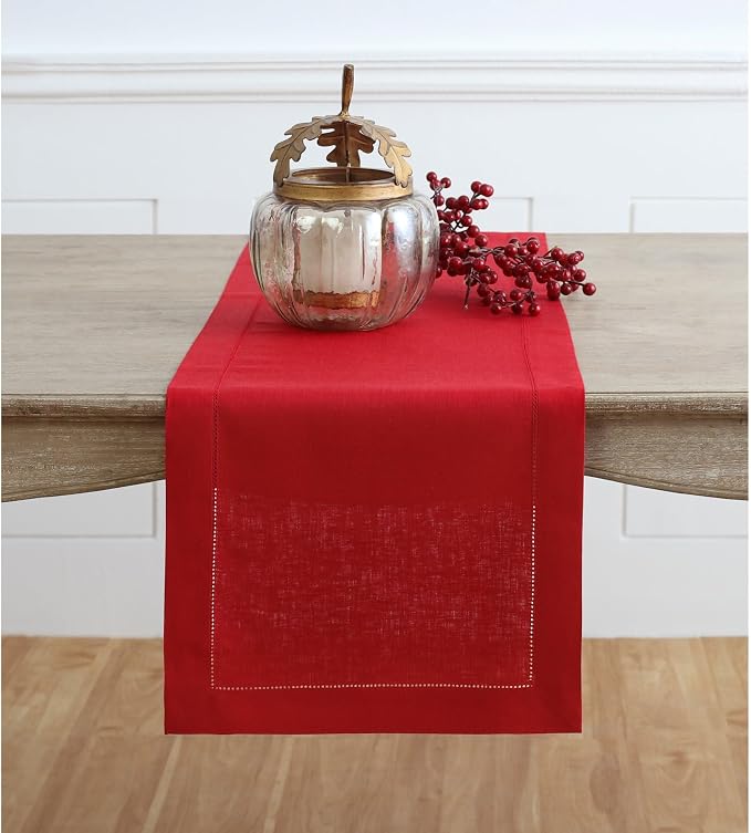 Solino Home 100% Pure Linen Table Runner Red, Classic Hemstitch 14 x 120 in | by SolinoHome