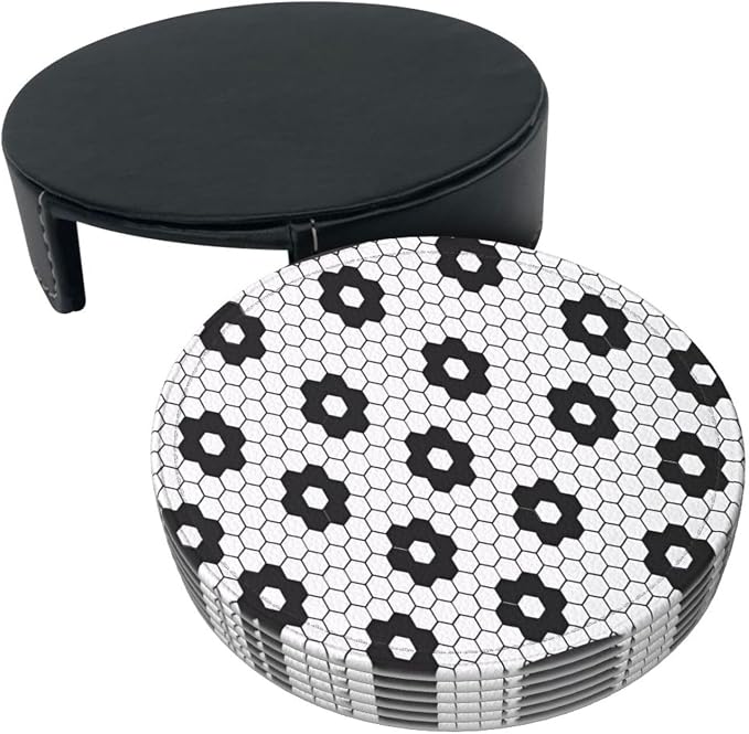6 Pcs Black White Flower Hex Tile Print Floor Leather Coasters - Image 3