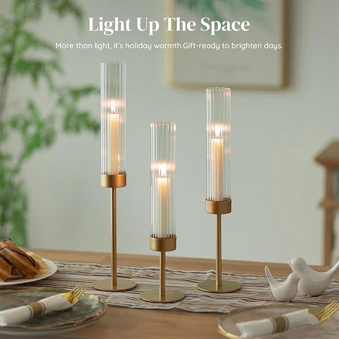 Gold Hurricane Taper Candle Holders: Glasseam 3Pcs Brass Candlestick Holders with Ribbed Glass Cylinder Cover Fluted Tall Candle Sticks Holder Decor for Table Centerpiece Wedding Christmas Decorations