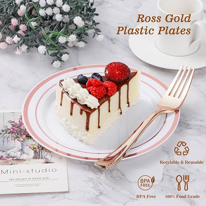 BESTVIP 100PCS Rose Gold Plastic Plate, Disposable Party Plates with 50 Dinner and 50 Dessert Plates, Plastic Plate for Party, Wedding and Birthday