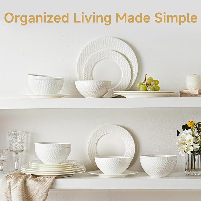 12Pcs Hammered Rim White Bone China Set, Service - Image 9