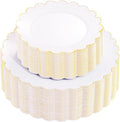 100Pcs White Gold Scalloped Plastic Dinner Plates Set by supernal