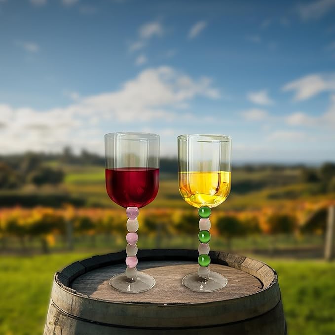 Gusto Buono 10.1oz Stemmed Wine Glass Set of 4 – Pink/White & Green/White Stem Handmade Glasses | Heat-Resistant, Dishwasher & Microwave Safe, Perfect for White & Red Wine, Dining, Parties, & Gifts