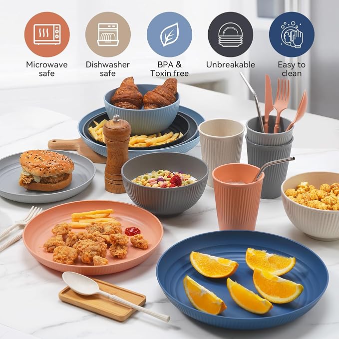 Wheat Straw Dinnerware Sets, 64-Piece Beige Plates and Bowls Sets - Image 7