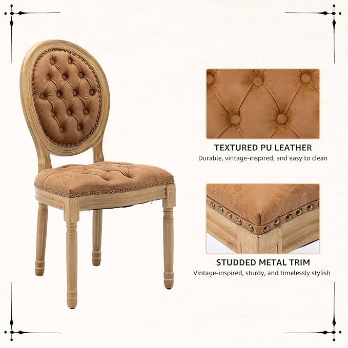 Vintage French Dining Chairs Set of 2, Round Back PU Leather Upholstered Accent Chairs with Nailhead Trim and Solid Wood Frame, Farmhouse Sillas de Comedor for Dining Room & Kitchen, Whiskey Brown