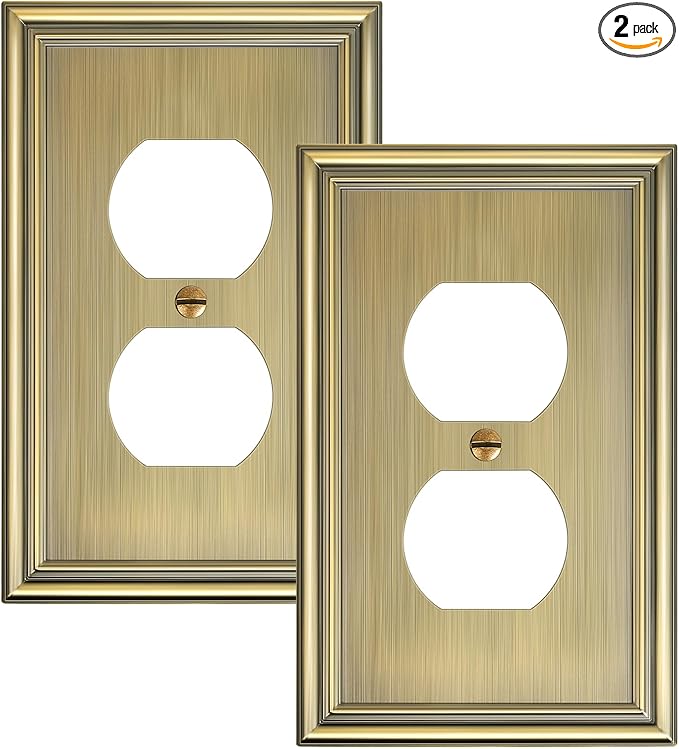 2-Pack Single Duplex Outlet Cover Plate, Decorative Antique Brass Switch Plates and Outlet Covers, Metal Wall Plates for Electrical Outlets, 1 Gang Receptacle Cover, Corrosion Resistant