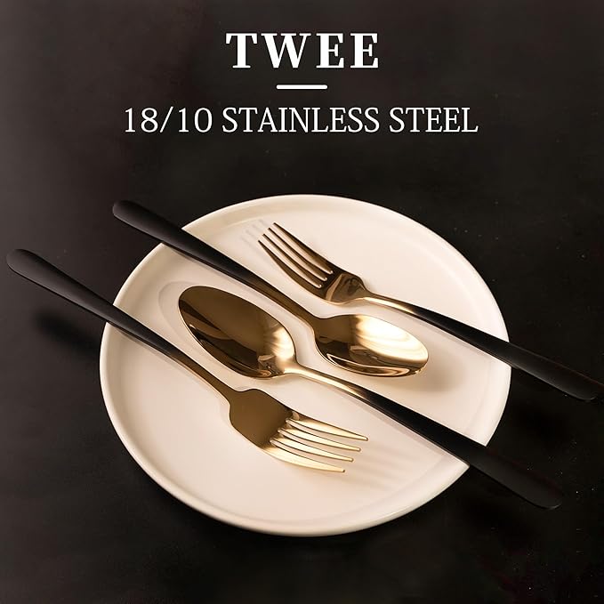 Black Silverware Set for 4 Elegant 20 Piece Flatware Set 18/10 Stainless Steel Nice Weight Mirror Polished Unique Black Gradual Change Gold Cutlery Utensils Sets for Home Kitchen Restaurant