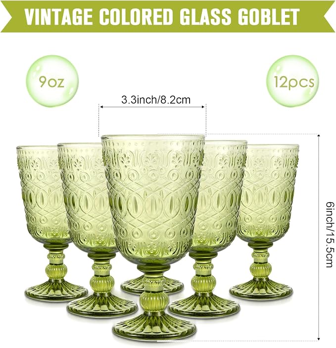 Eaasty Wine Glasses Set of 12 Vintage Goblet 9 oz Vintage Colored Glass Goblet - Image 2